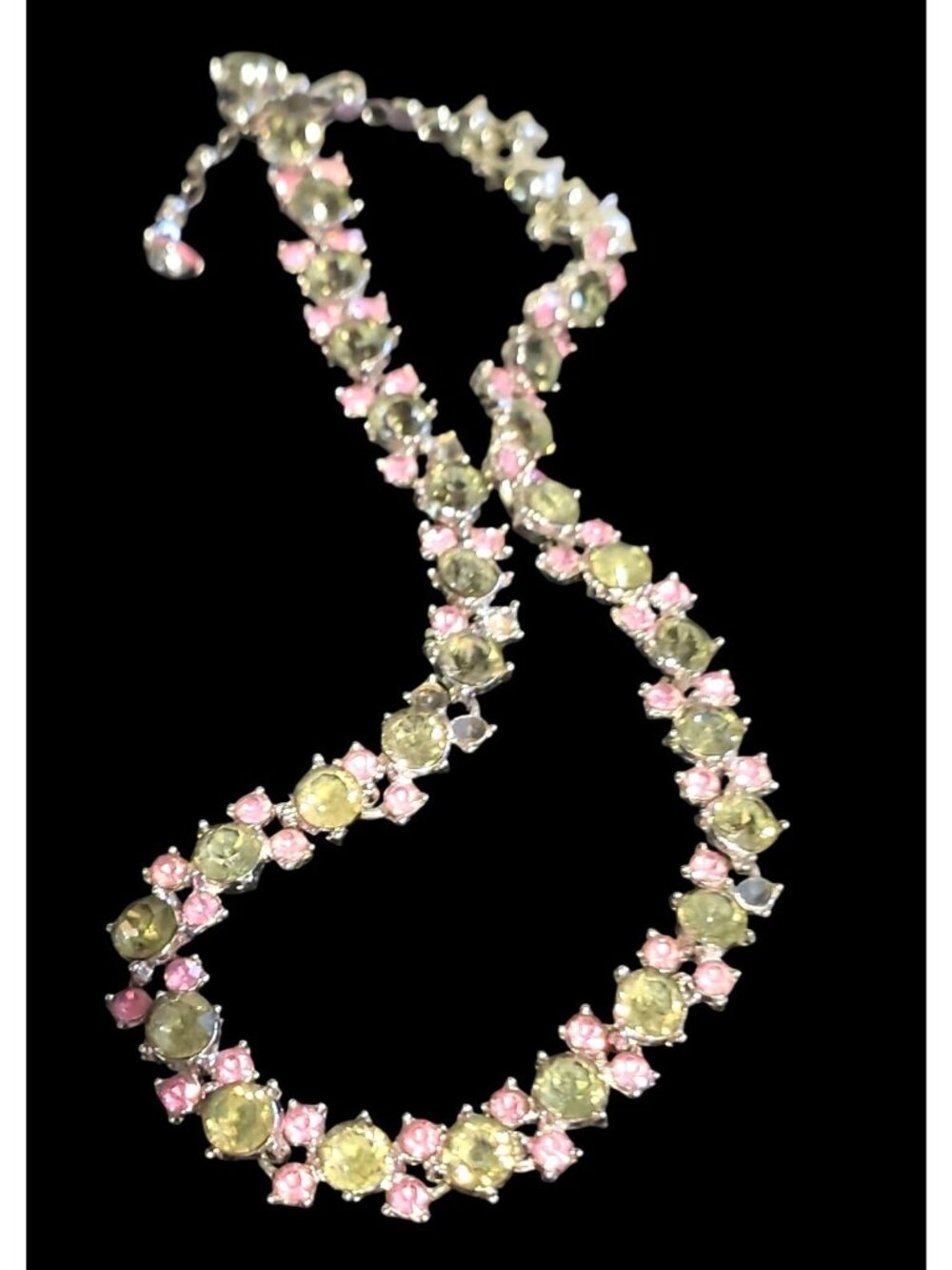 Crown Trifari 1950s Pink Green Rhinestone Necklace  Vintage Jewelry